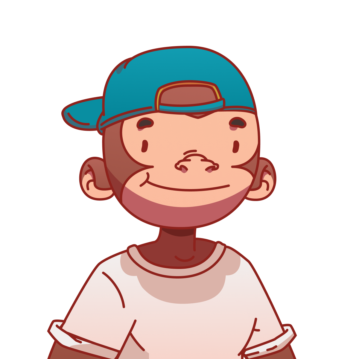 An illustration of an Ape, wearing a backwards-facing ballcap and plain, unadorned T-Shirt.